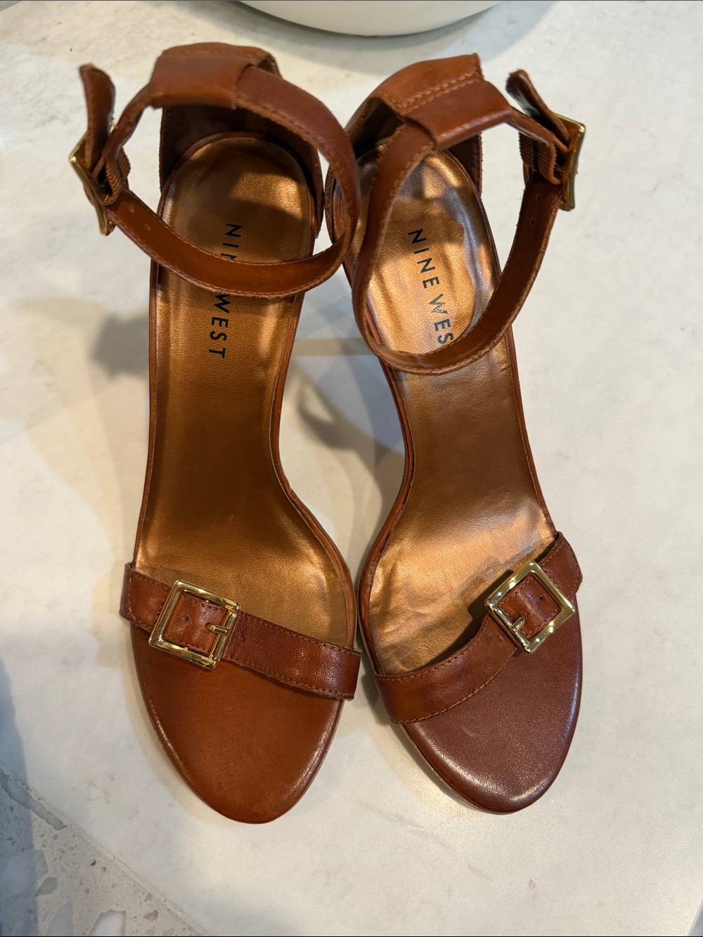 Nine West Tan Brown Leather Ankle Strap Heels with Gold Buckles